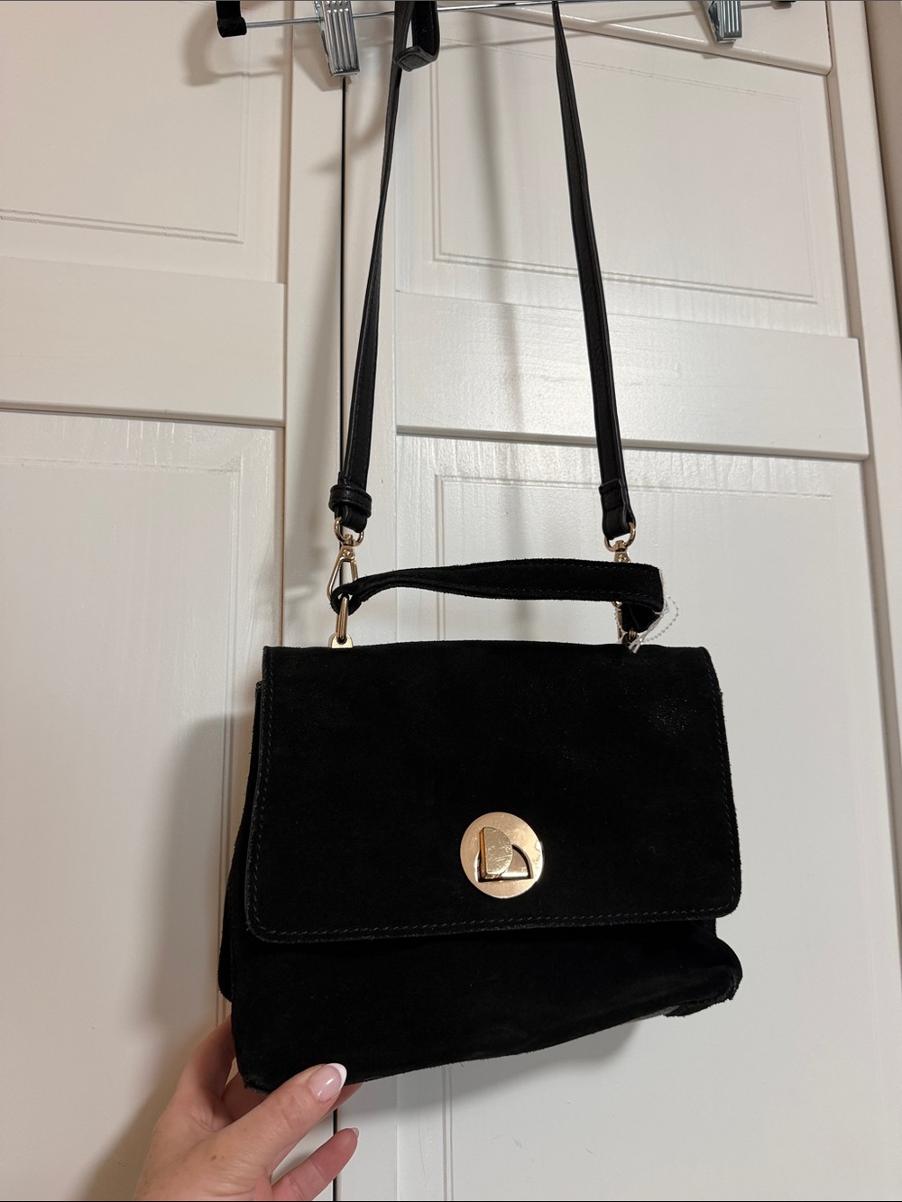 Black Suede and Leather Crossbody Handbag with Gold Turn-Lock